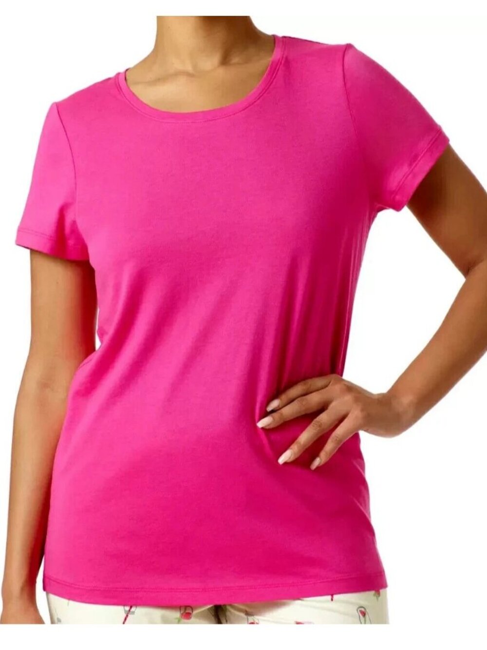 HUE Women's Cotton Blend Scoop-Neck Short-Sleeve Pajama Top, Fuchsia Pink, Small